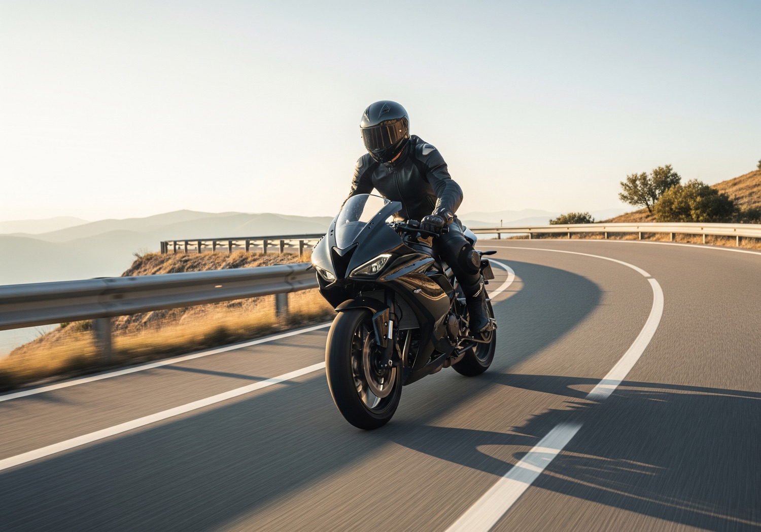 Motero que aún no va a una con su moto en una curva